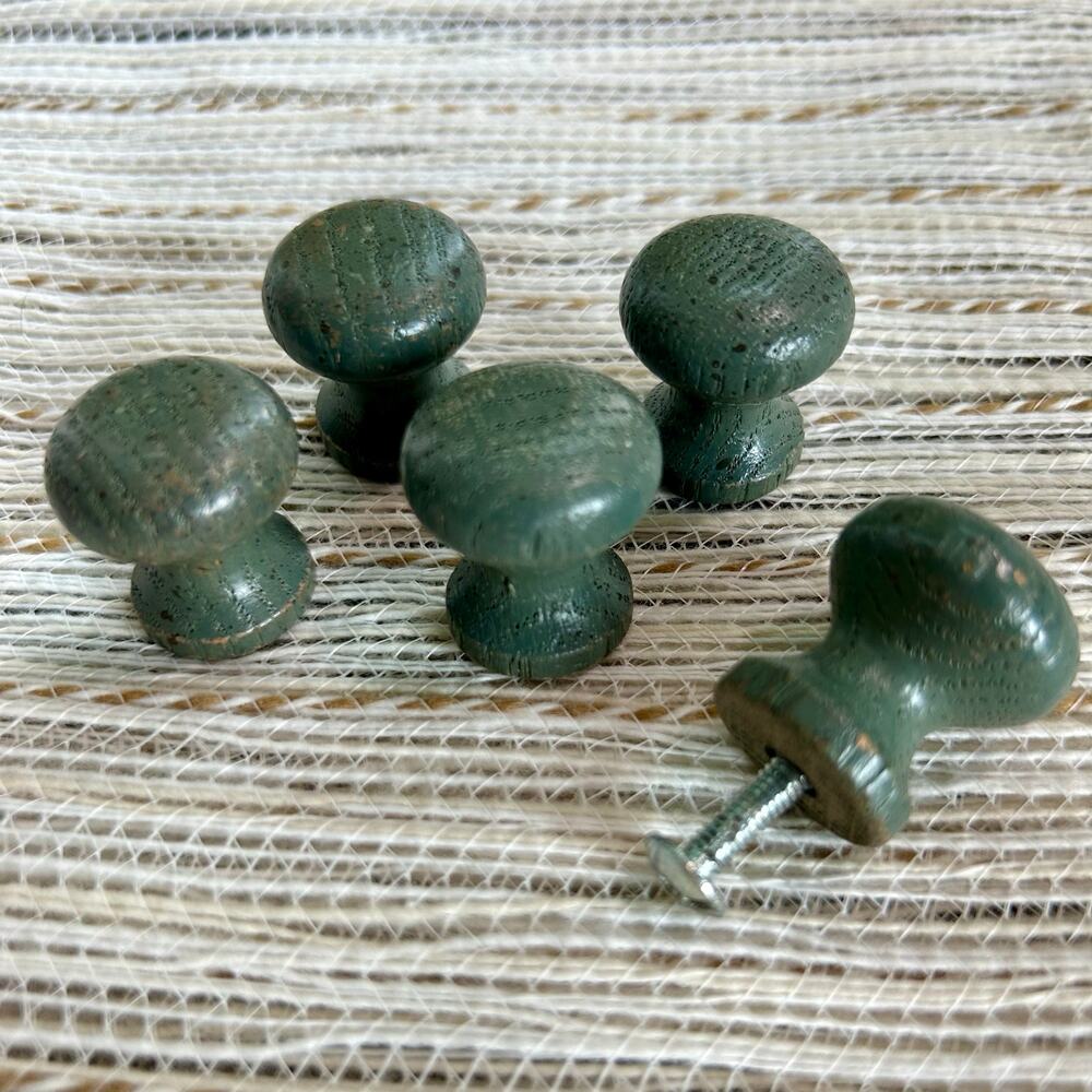 Set of 5 Vintage Wooden Cabinet Knobs with Unique Patina Finish green